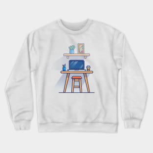 Table, Chair, Laptop, Cup, Stationary, Plant, And Picture Cartoon Crewneck Sweatshirt